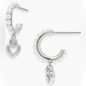 Kate Spade Saturday Imitation Pearl Huggie Hoop Earrings in Cream/Silver NWT